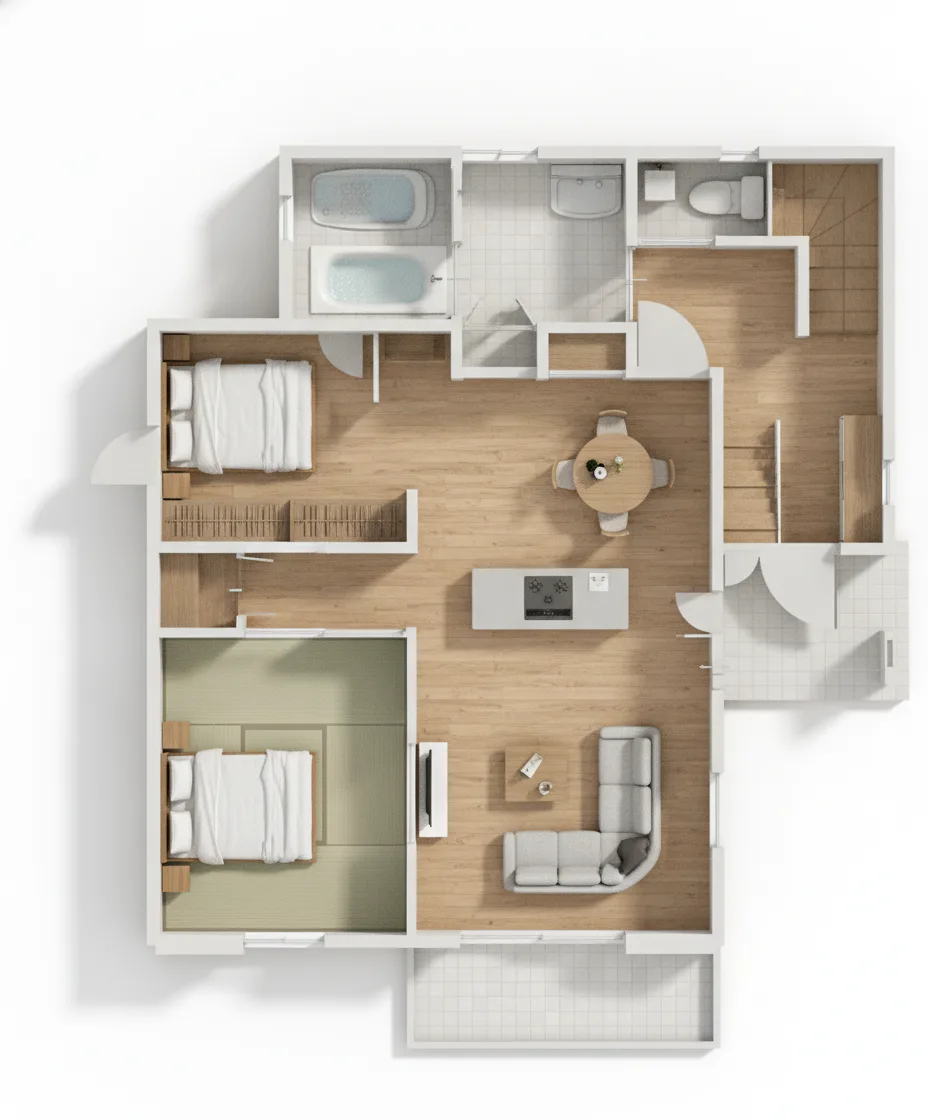 30.93坪 4LDK + 小屋裏収納 (東玄関) 3Dパース鳥瞰