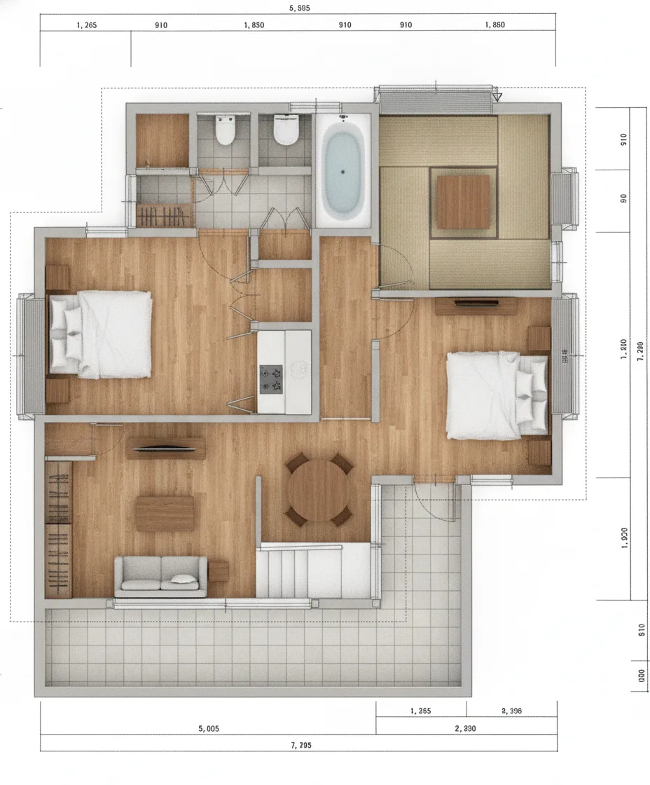 30.93坪 4LDK + 小屋裏収納 (東玄関) 2F 3Dパース鳥瞰