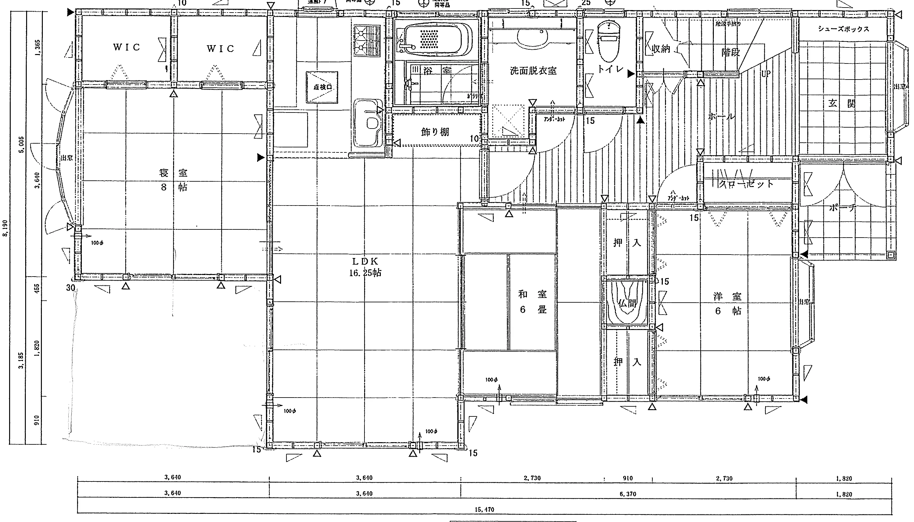 52.16坪 1F: LDK16.25帖 + 寝室8帖 + 和室6畳 + 洋室6帖 (東玄関) 1F 平面図原本