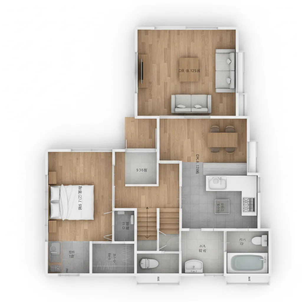 34.12坪 5DK + 小屋裏収納 (西玄関) 3Dパース鳥瞰