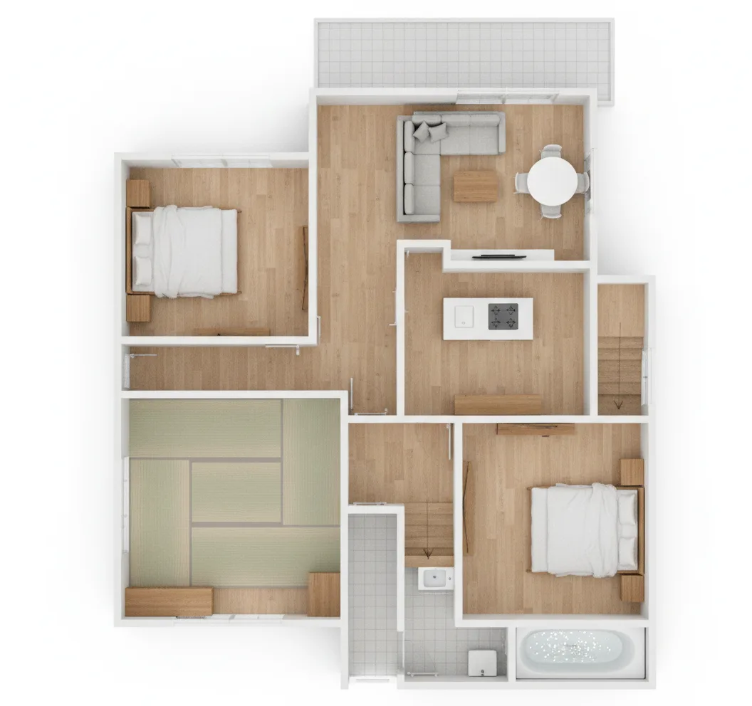 34.12坪 5DK + 小屋裏収納 (西玄関) 2F 3Dパース鳥瞰