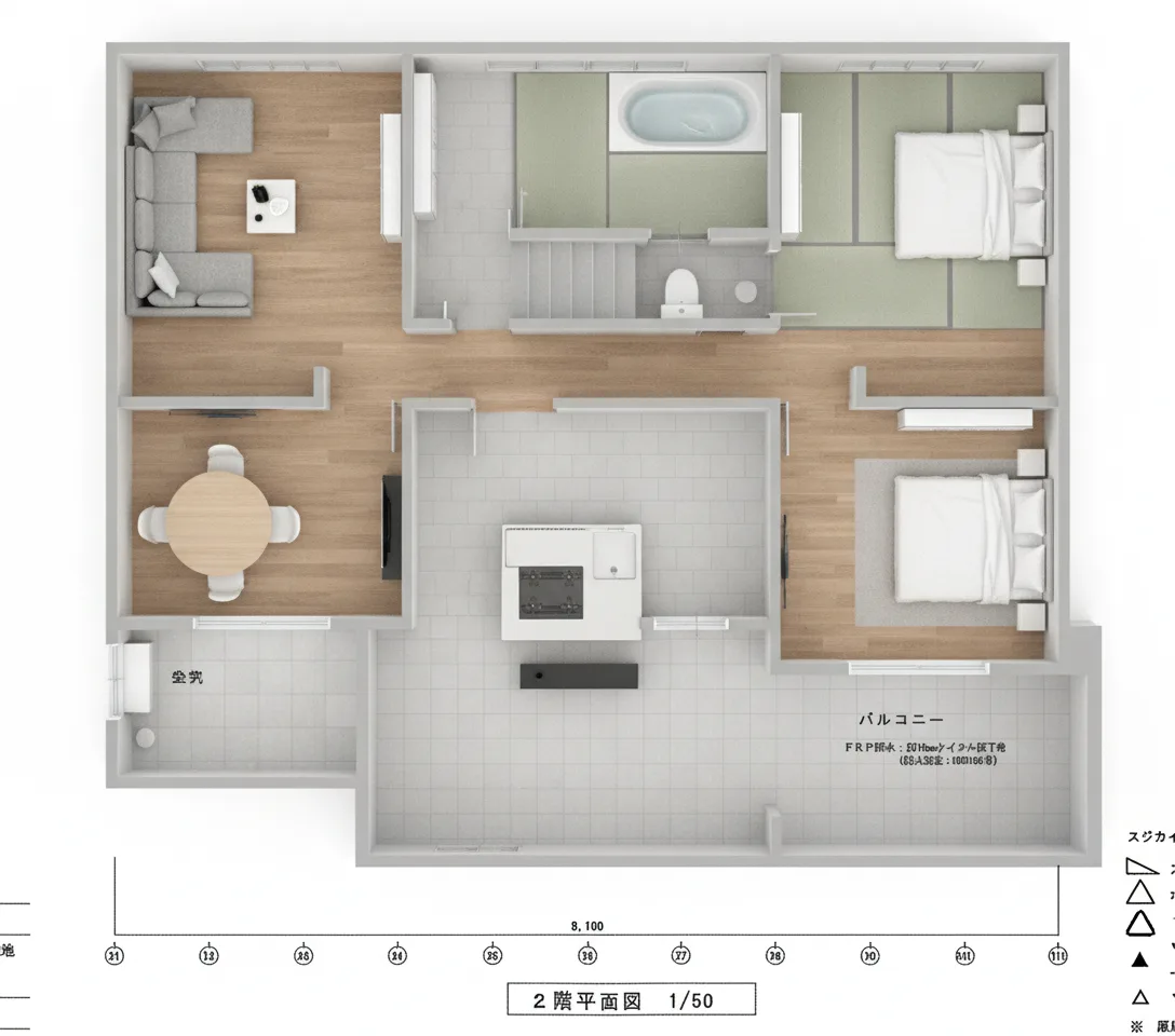 38.5坪 2LDK + 和室4.5帖 + 納戸11.3帖 + 小屋裏収納 (北玄関) 2F 3Dパース鳥瞰