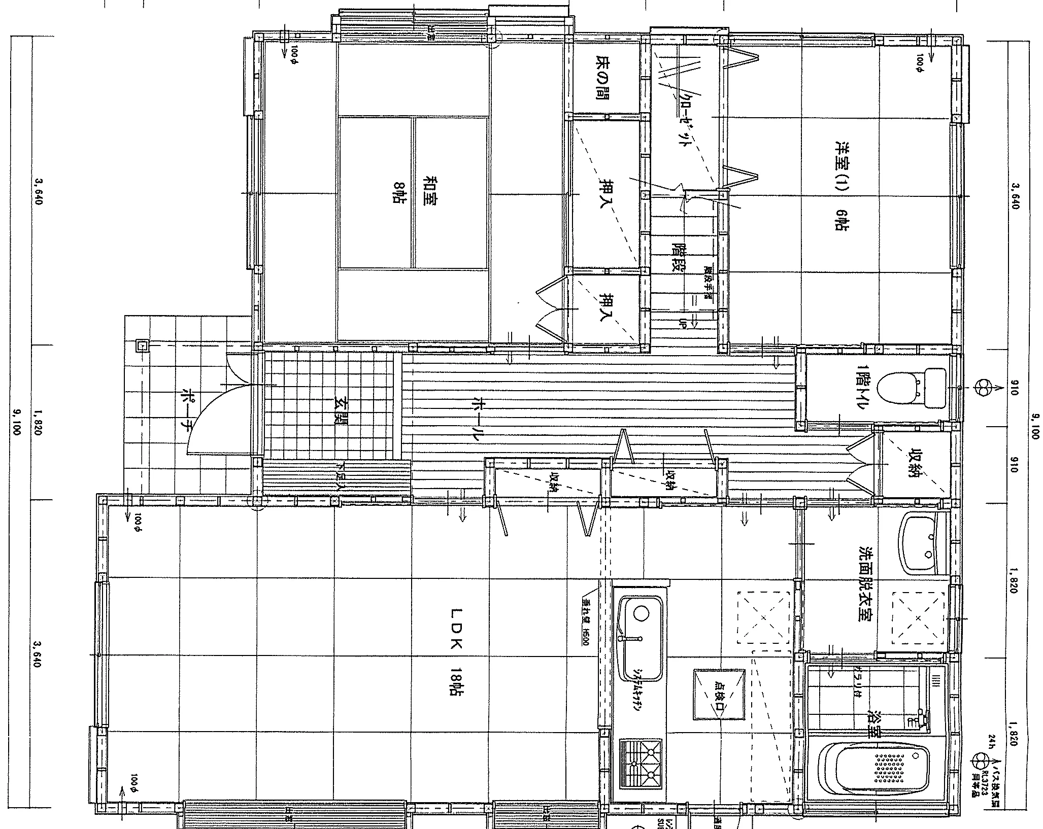 40.32坪 5LDK（和室8帖、主寝室10.5帖、洋室3室） (西玄関) 1F 平面図原本