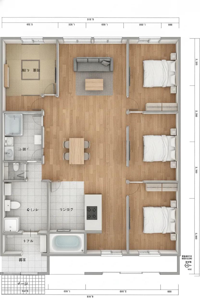 55.92坪 LDK25帖 + リビング38.5帖 + 和室7帖 + 和室6帖 + 和室4.5帖 + 小屋裏収納庫 (東玄関) 3Dパース鳥瞰