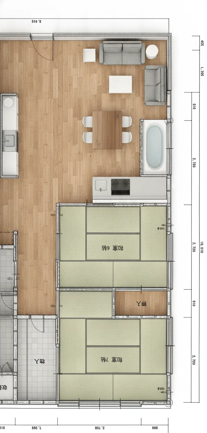 55.92坪 LDK25帖 + リビング38.5帖 + 和室7帖 + 和室6帖 + 和室4.5帖 + 小屋裏収納庫 (東玄関) 2F 3Dパース鳥瞰
