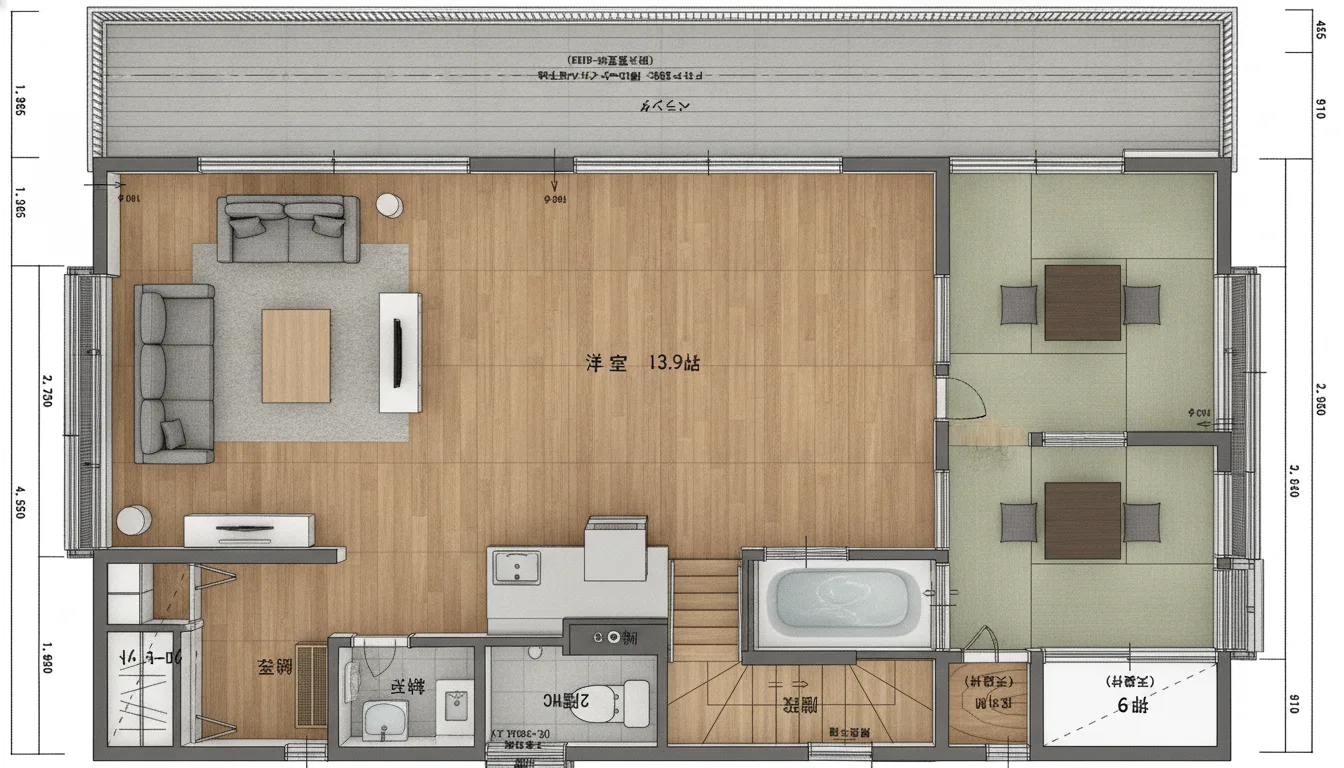 32.8坪 3LDK + 納戸 (北玄関) 2F 3Dパース鳥瞰