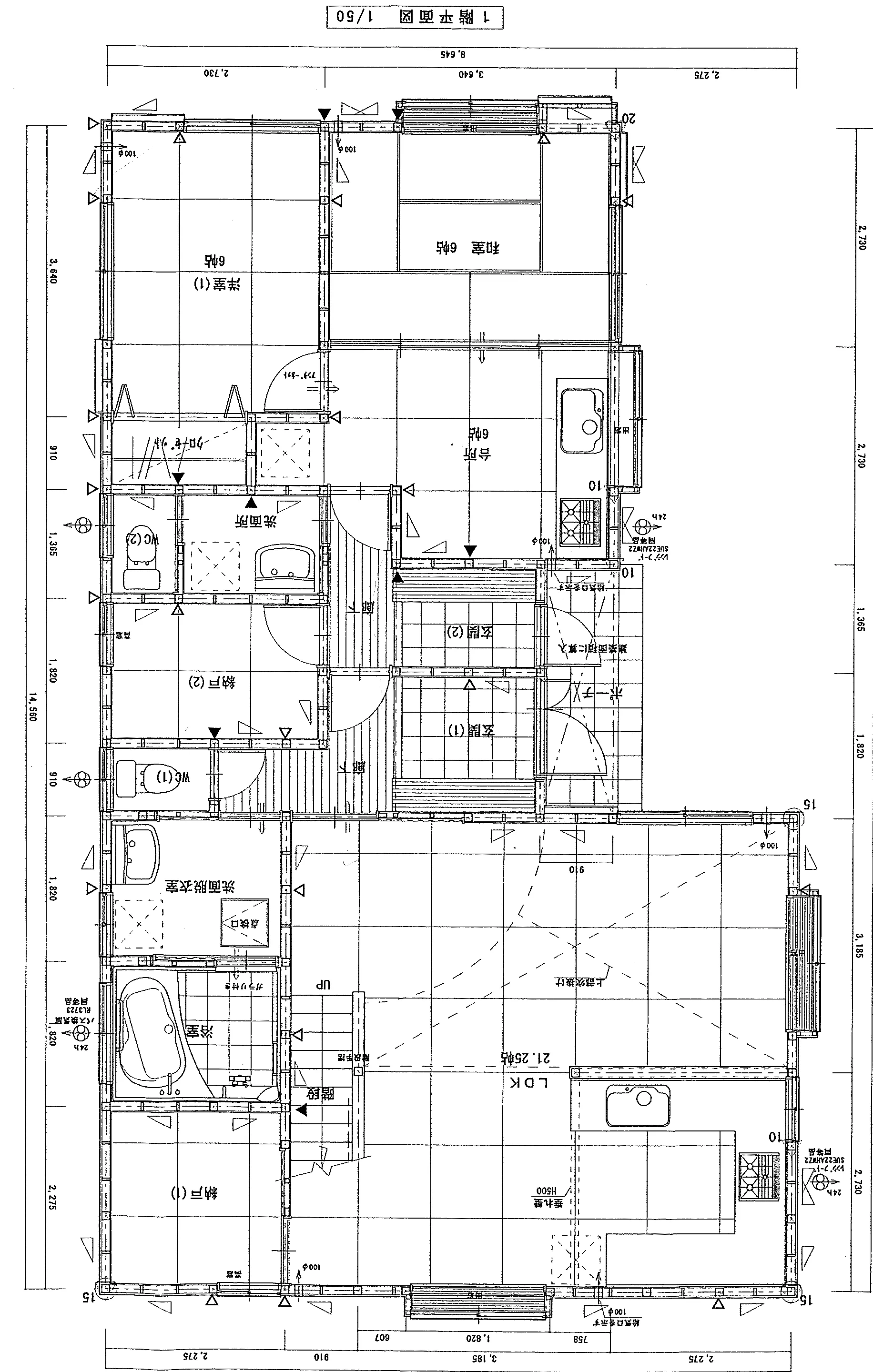49.07坪 5LDK + 台所 + 納戸2室 + 吹抜け（二世帯仕様） (北玄関) 1F 平面図原本