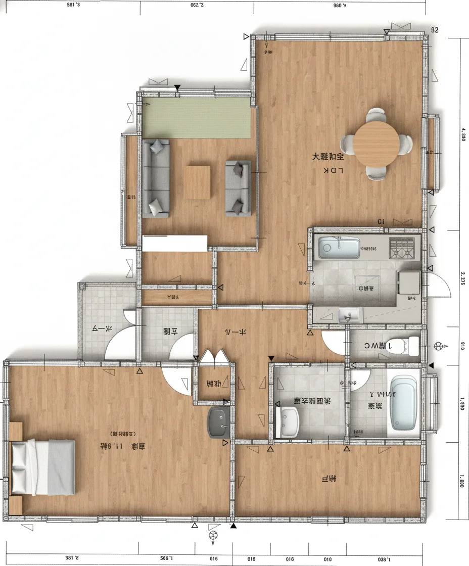40.47坪 3LDK + 和室6.5帖 + 倉庫11.5帖 (南玄関) 3Dパース鳥瞰