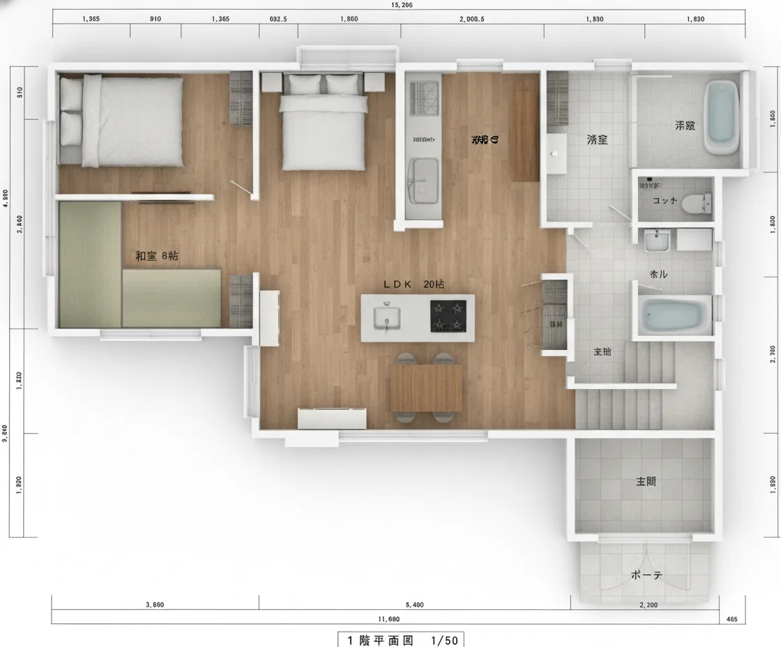43.52坪 5LDK + 小屋裏収納 (南玄関) 3Dパース鳥瞰