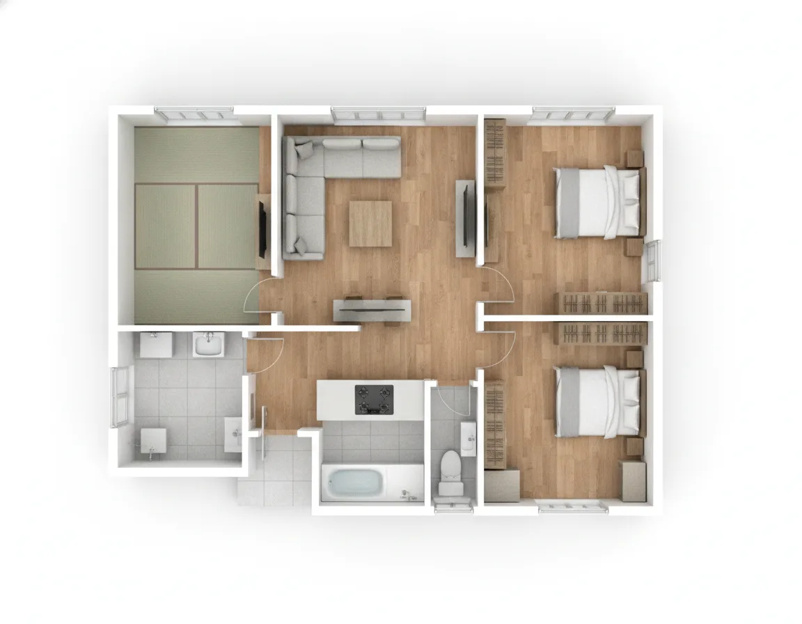 32.06坪 3LDK + 和室4.5帖 + 小屋裏収納 (東玄関) 3Dパース鳥瞰