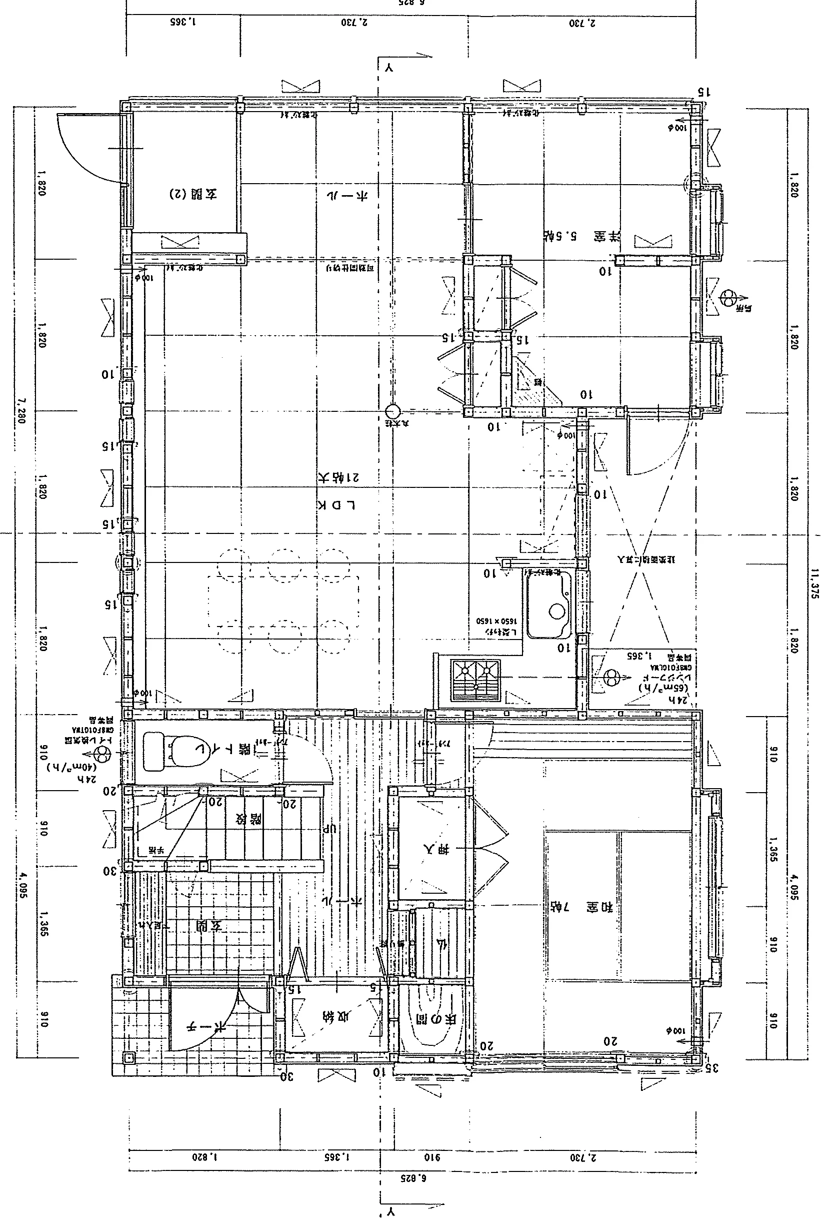 50.46坪 1F: LDK21帖 + 和室7帖 + 洋室5.5帖 (南玄関) 1F 平面図原本