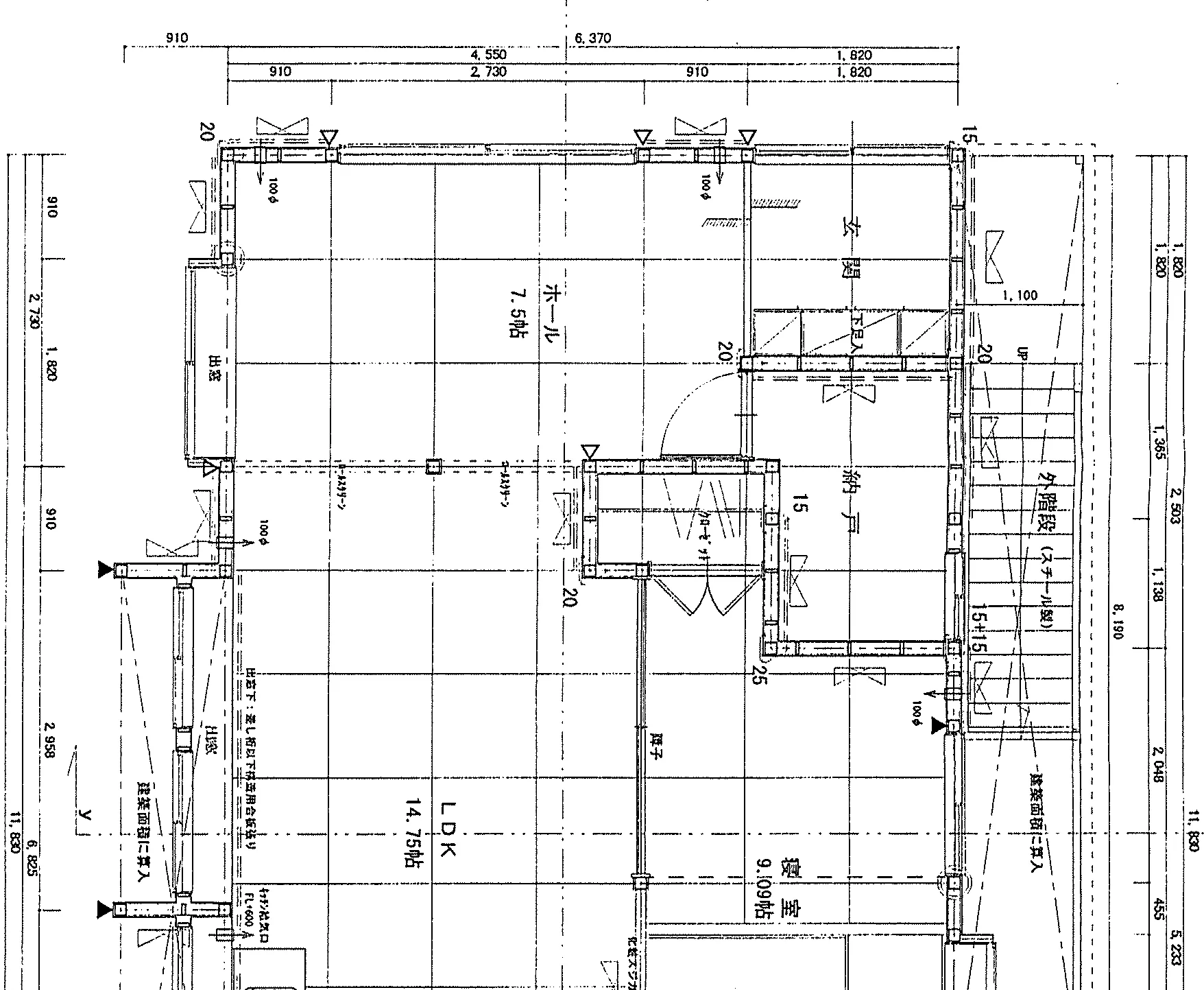 55.23坪 1LDK + タタミコーナー + 納戸（1Fのみ記載） (北玄関) 1F 平面図原本