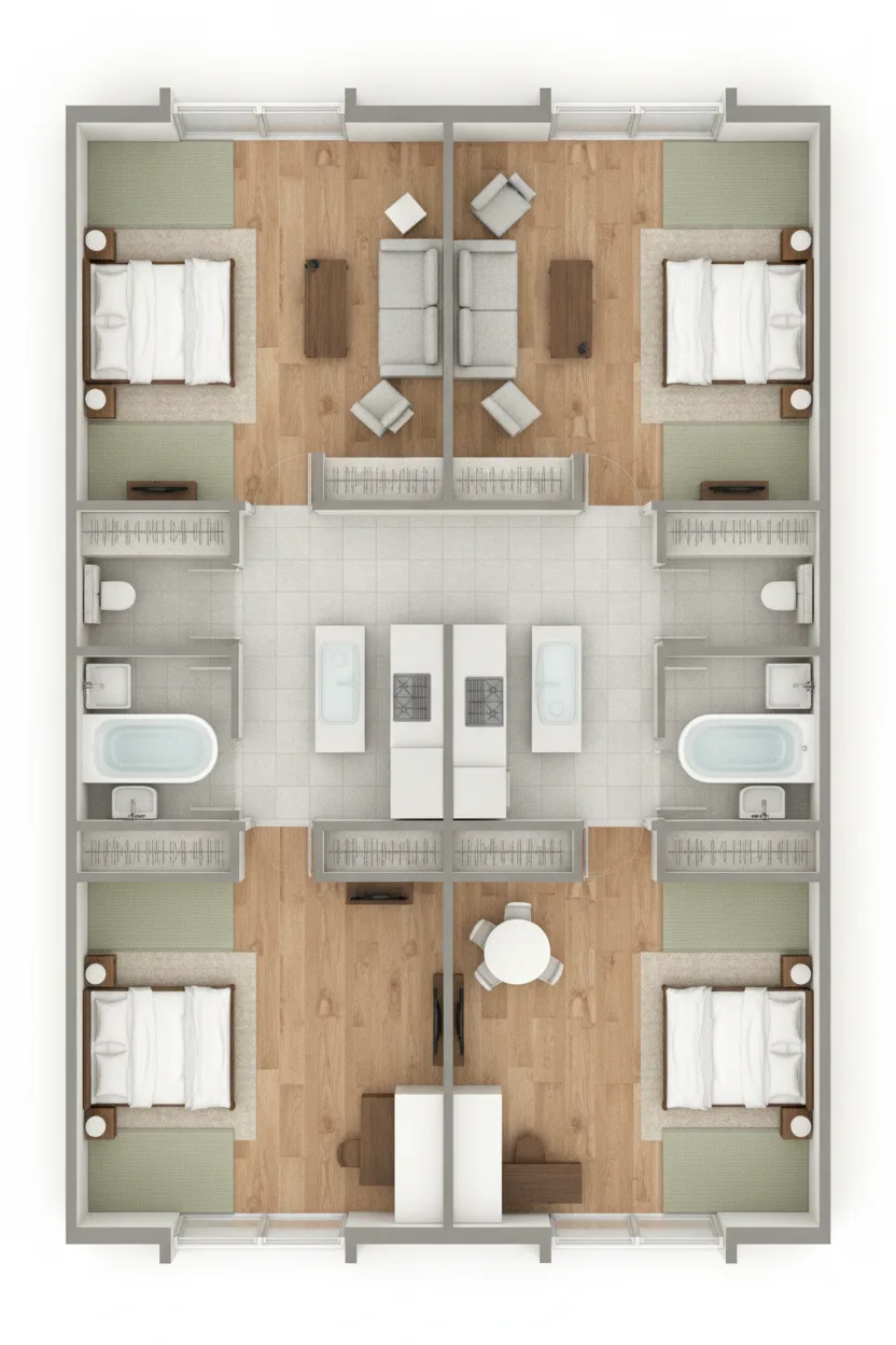 66.38坪 二世帯住宅 (1F: LD+K17.5帖, 納戸6帖, LDK16帖, 和室6帖 / 2F: 洋室12.5帖, 洋室6帖×3, 小屋裏収納) (南玄関) 3Dパース鳥瞰
