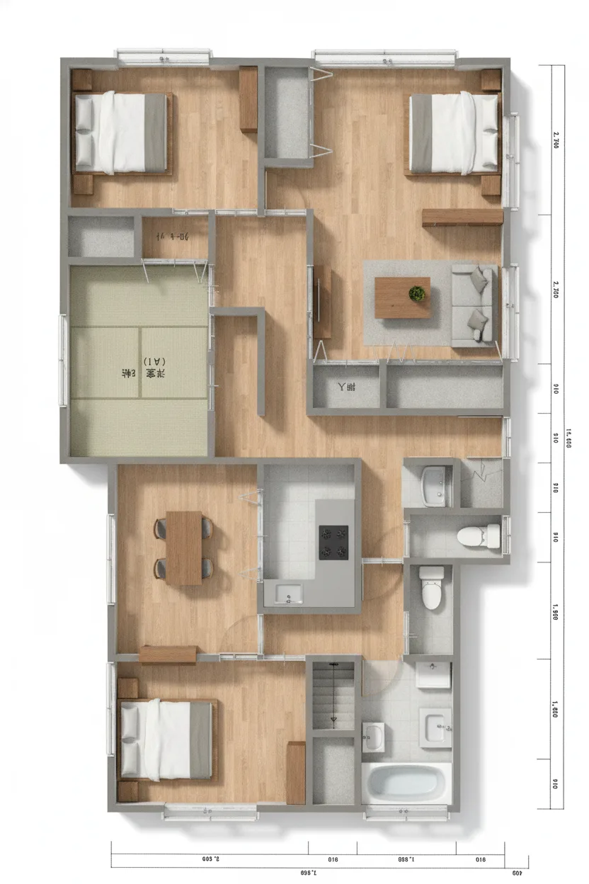 66.38坪 二世帯住宅 (1F: LD+K17.5帖, 納戸6帖, LDK16帖, 和室6帖 / 2F: 洋室12.5帖, 洋室6帖×3, 小屋裏収納) (南玄関) 2F 3Dパース鳥瞰