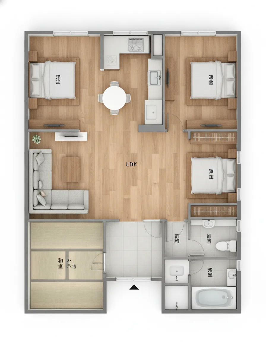 39.13坪 3LDK（可変4LDK）+ 和室8帖 (北玄関) 3Dパース鳥瞰