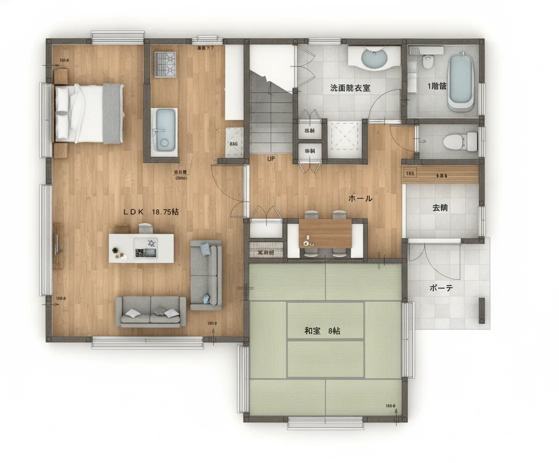 36.69坪 3LDK + ロフト・小屋裏収納 (南玄関) 3Dパース鳥瞰