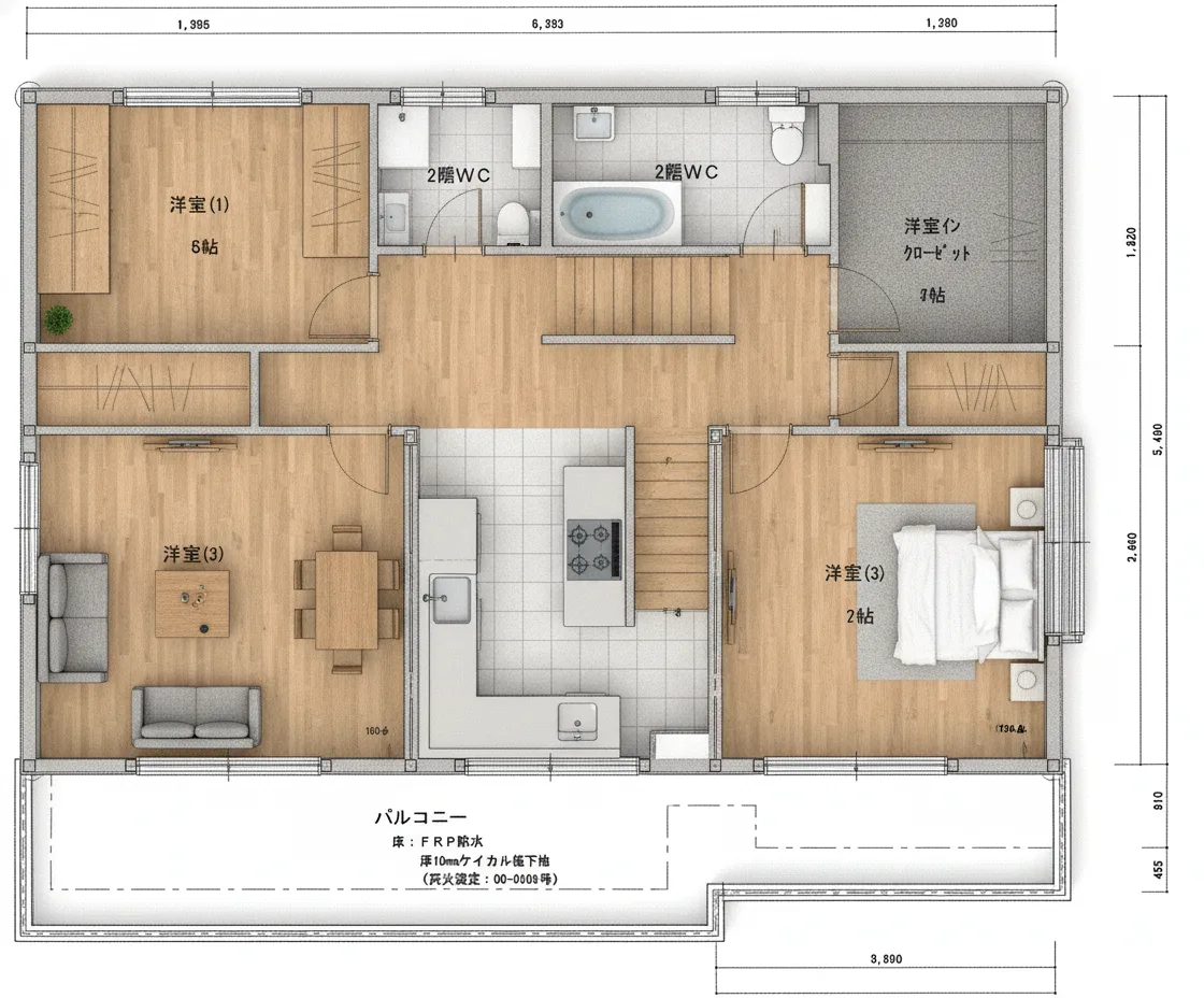 31.25坪 4LDK + 小屋裏収納 (東玄関) 2F 3Dパース鳥瞰