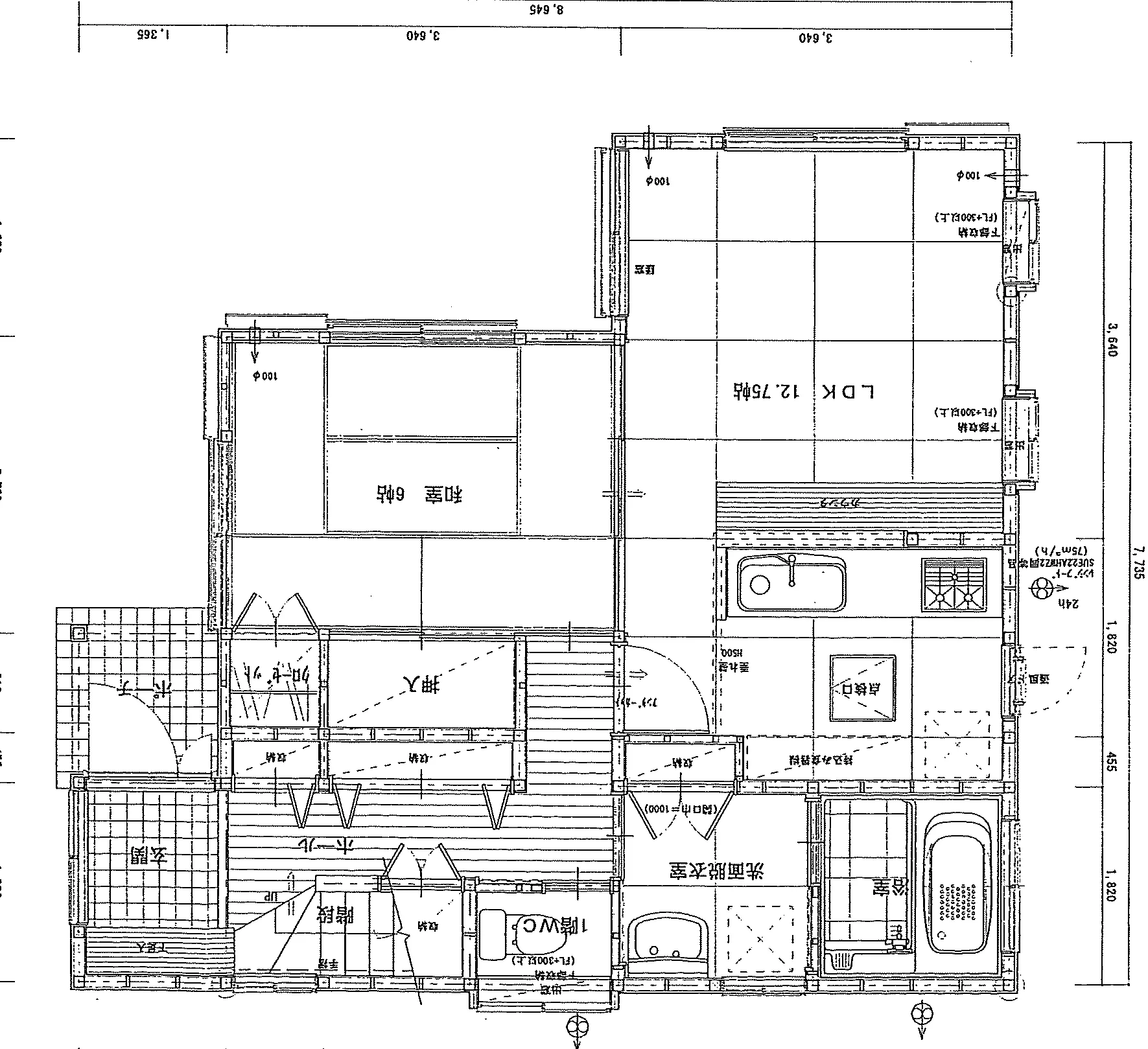 27.8坪 3LDK + 和室6帖×2 (東玄関) 1F 平面図原本