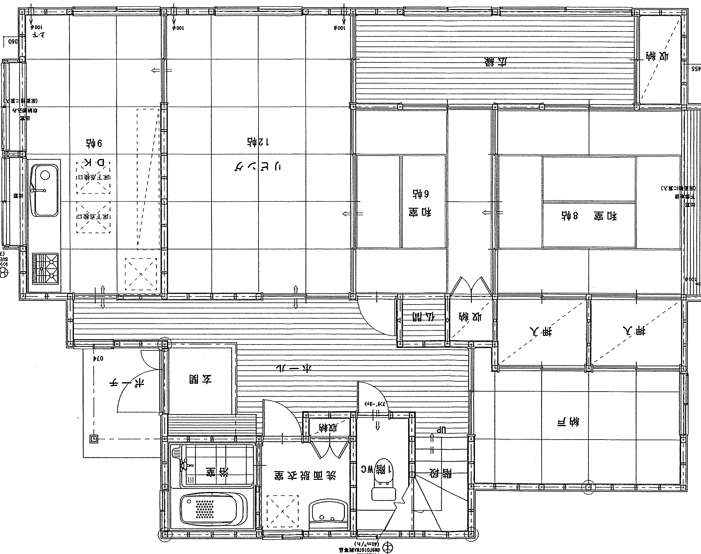 51.55坪 1F: リビング12帖 + DK9帖 + 和室8帖 + 和室6帖 + 納戸 (東玄関) 1F 平面図原本