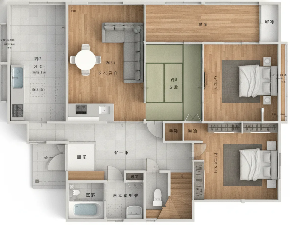 51.55坪 1F: リビング12帖 + DK9帖 + 和室8帖 + 和室6帖 + 納戸 (東玄関) 3Dパース鳥瞰