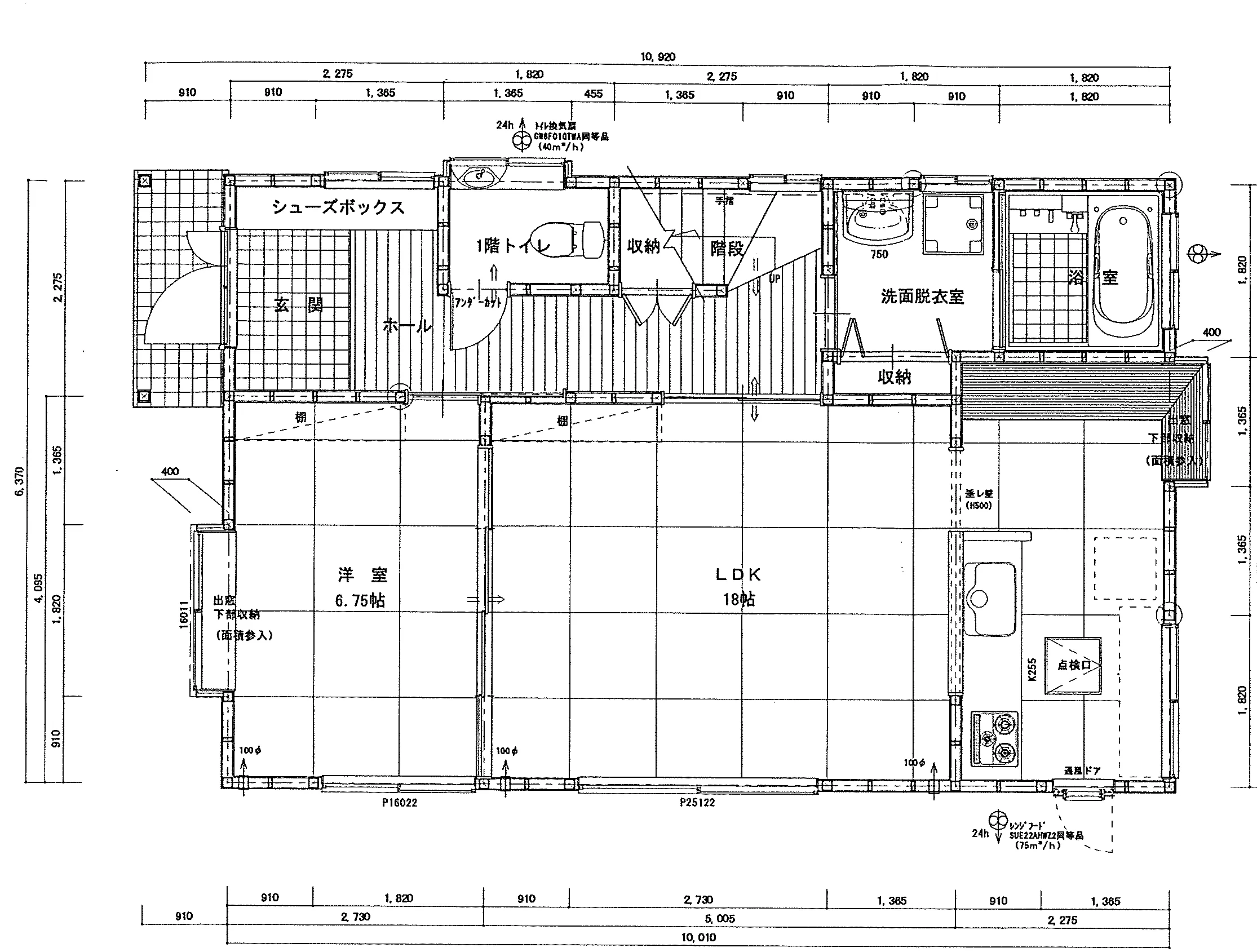33.2坪 3LDK（LDK 18帖、洋室 6.75帖、洋室 9帖、洋室 7.5帖） (北玄関) 1F 平面図原本