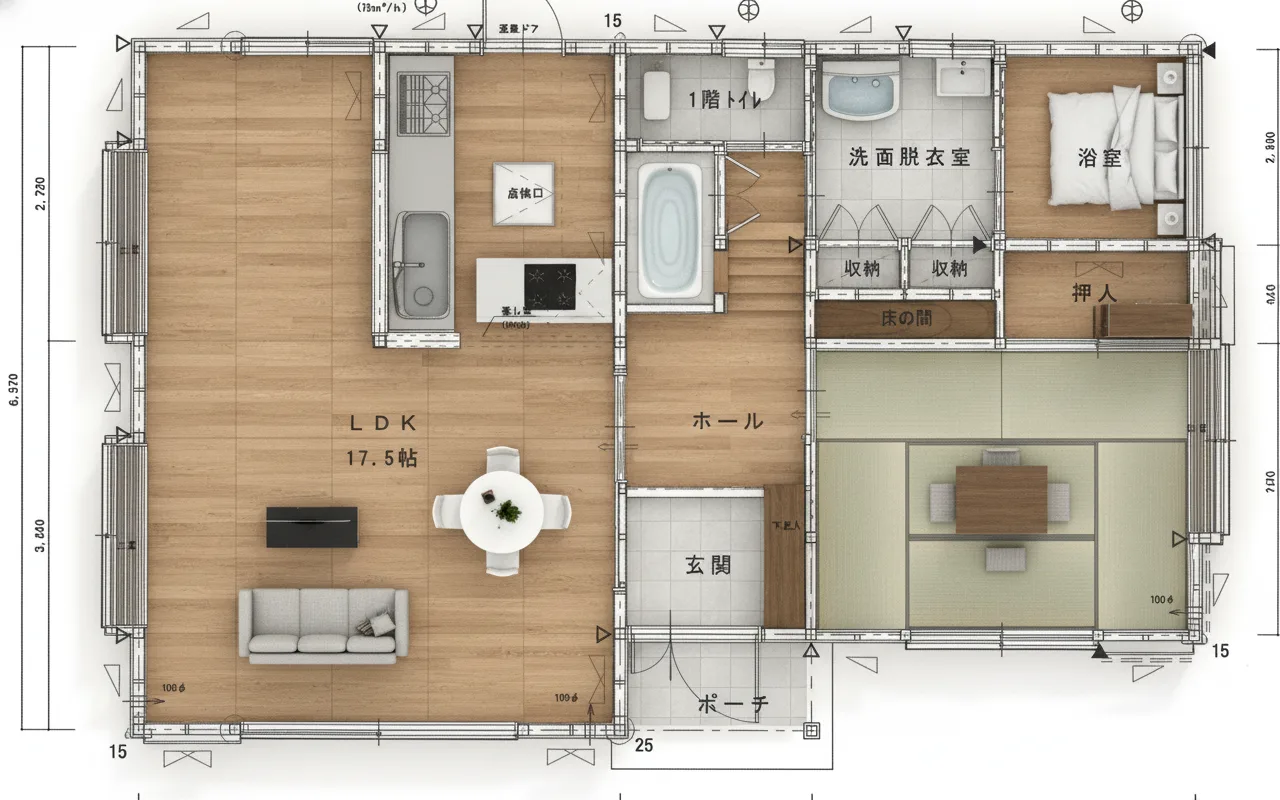 30.81坪 4LDK (南玄関) 3Dパース鳥瞰