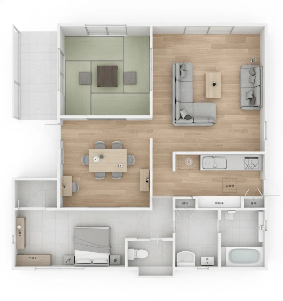 26.92坪 2LDK（洋室8帖×2、DK19.25帖） (東玄関) 3Dパース鳥瞰