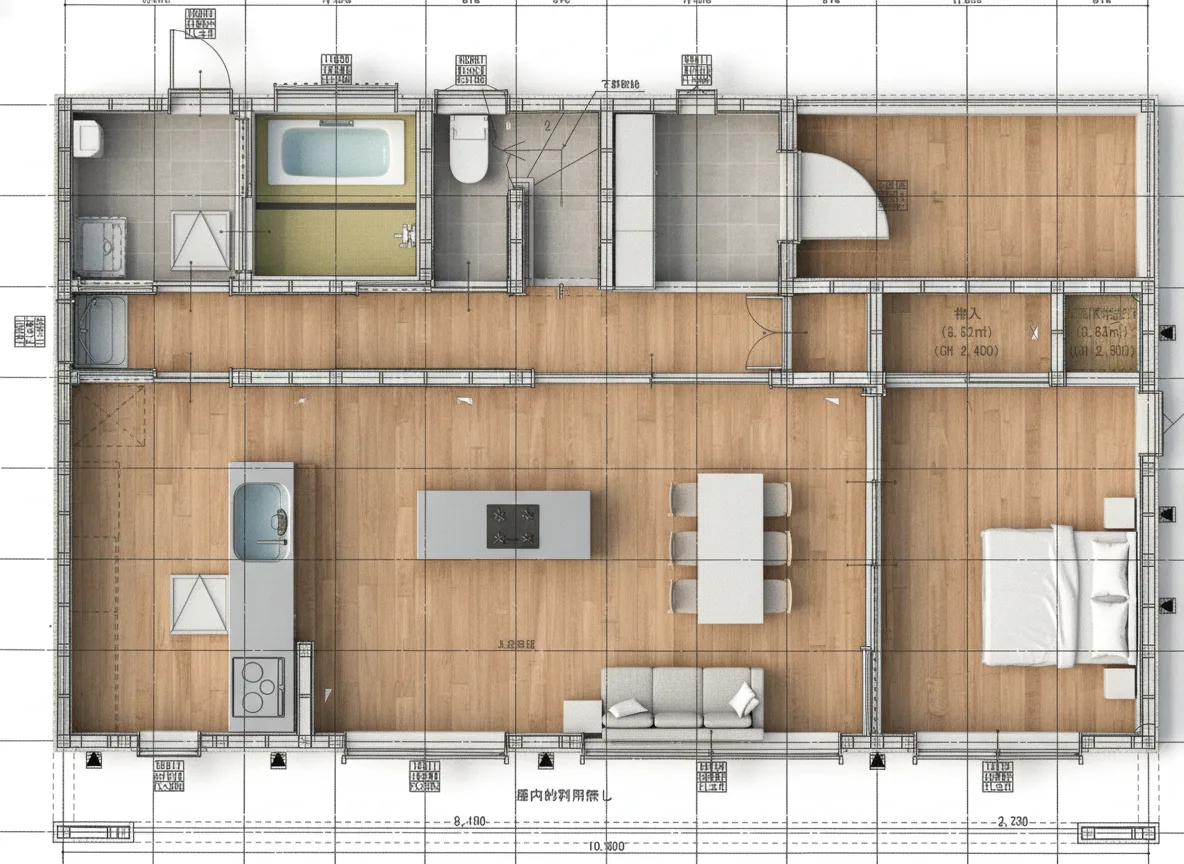 34.6坪 自然光あふれる南玄関の広々LDK住宅（小屋裏収納付） 3Dパース鳥瞰