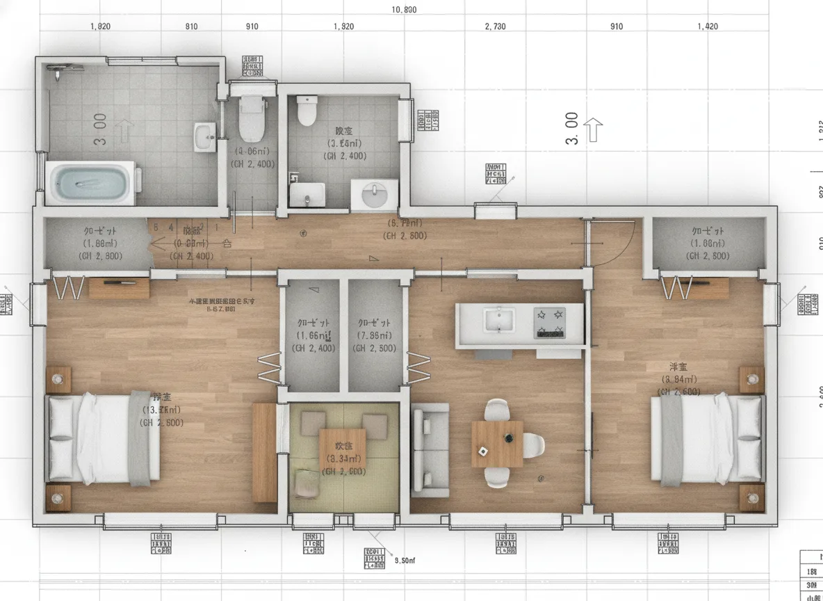 34.6坪 自然光あふれる南玄関の広々LDK住宅（小屋裏収納付） 2F 3Dパース鳥瞰